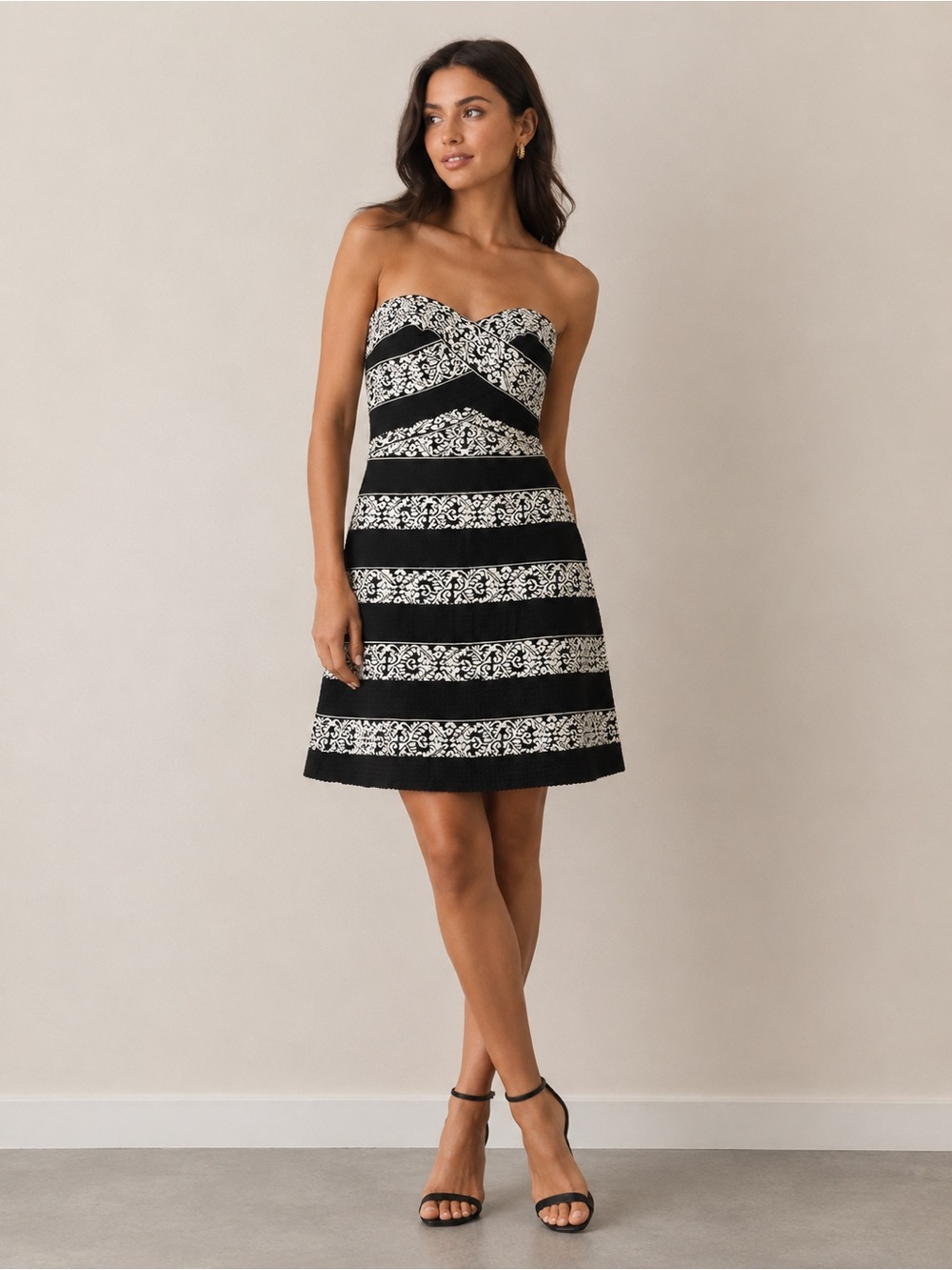 Jealous Tomato Black & White Strapless Lace-Stripe A-Line Dress